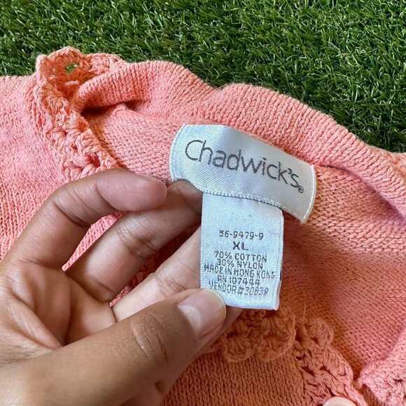 Chadwick's  coral colored knit cardigan with delicate crotchet-style trim - Picture 6 of 7